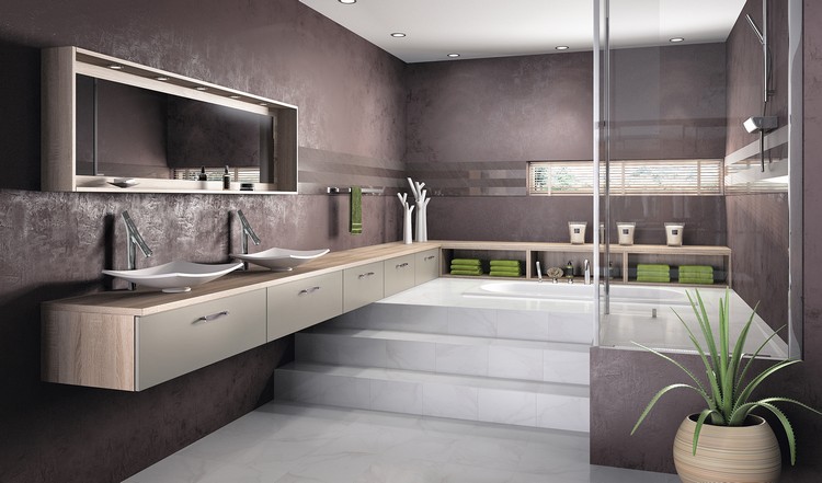 salle de bain moderne -peinture-murale-marron-meuble-vasque-bois-clair-bain à remous